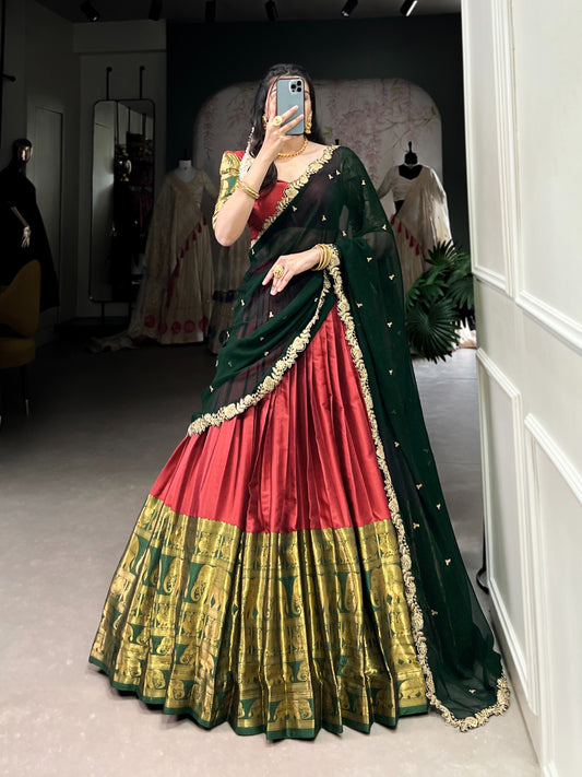 Red color narayan pattu lehenga choli for women