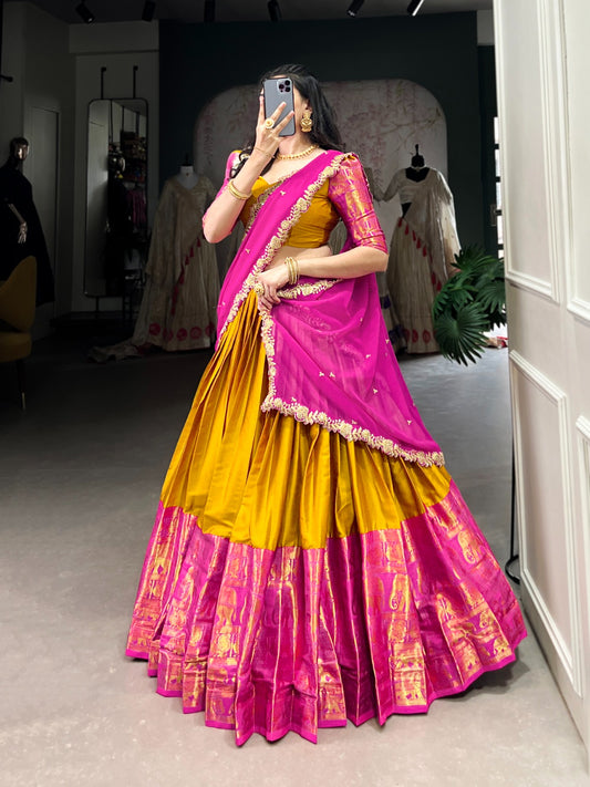 Mustard color narayan pattu lehenga choli for wedding