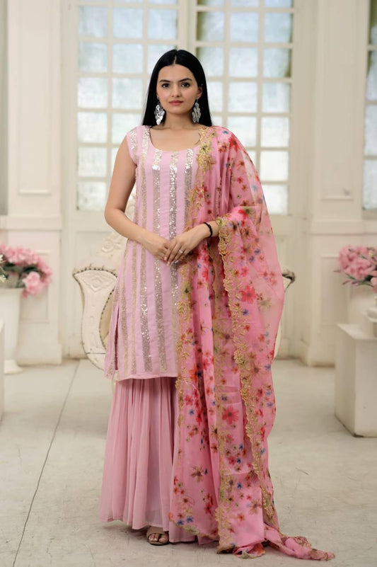 Pink color faux blooming sharara suit