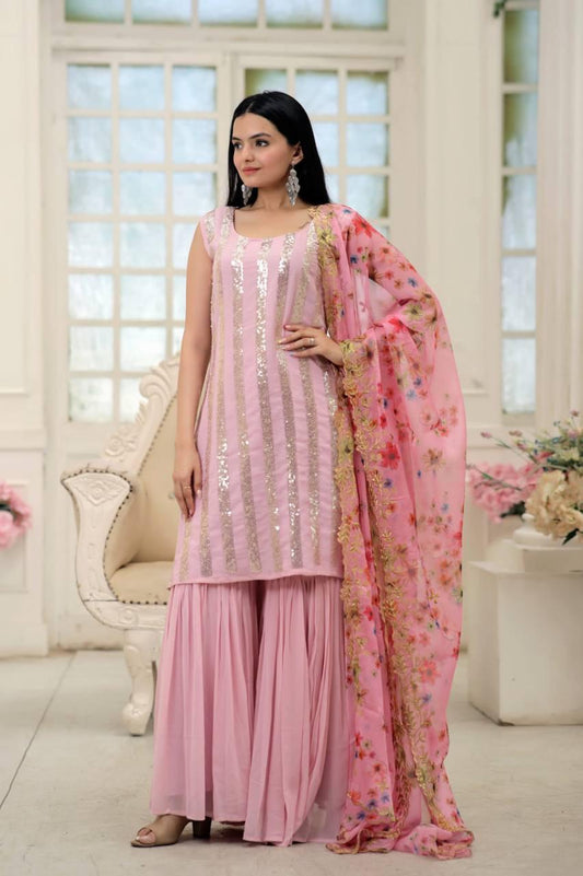 Pink color faux blooming sharara suit wedding
