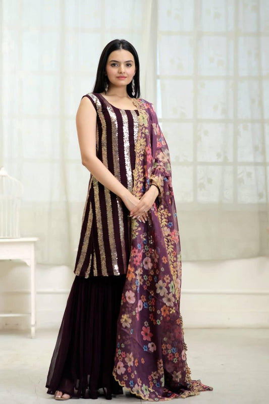 Wine color faux blooming sharara suit