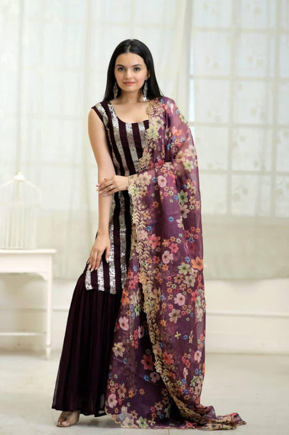 Wine embroidery work sharara suit