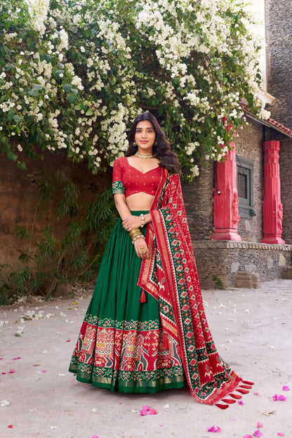 Green color tussar silk lehenga choli for women