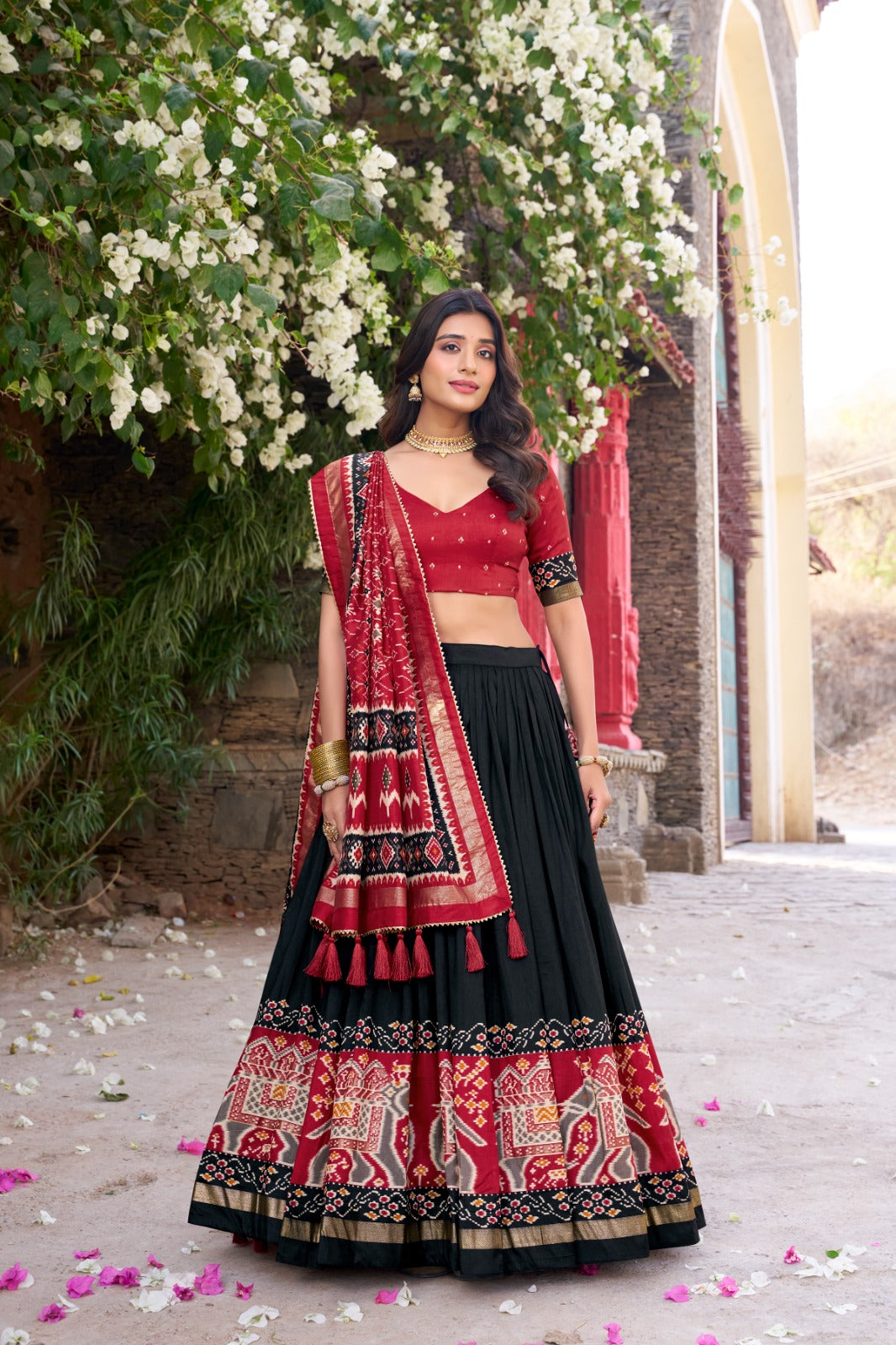 Black color tussar silk lehenga choli for women