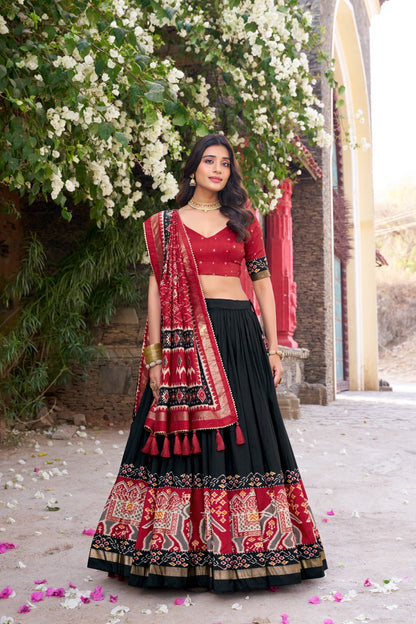 Black color tussar silk lehenga choli for women