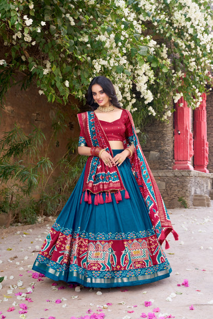 Teal color tussar silk lehenga choli with dupatta online