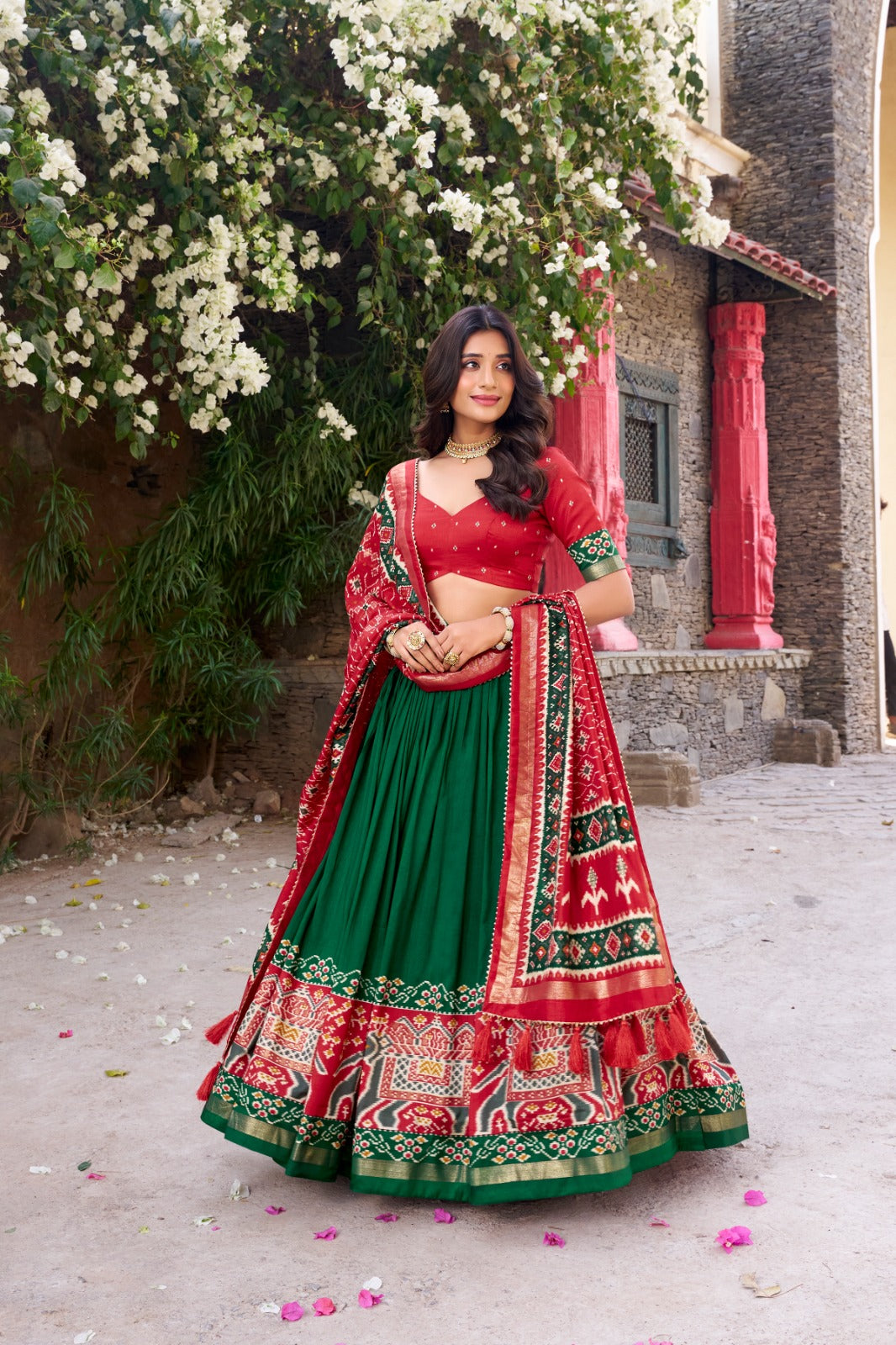 Green color tussar silk lehenga choli with dupatta
