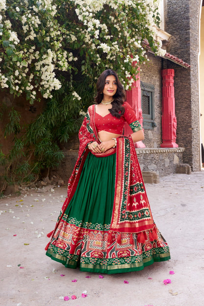 Green color tussar silk lehenga choli with dupatta