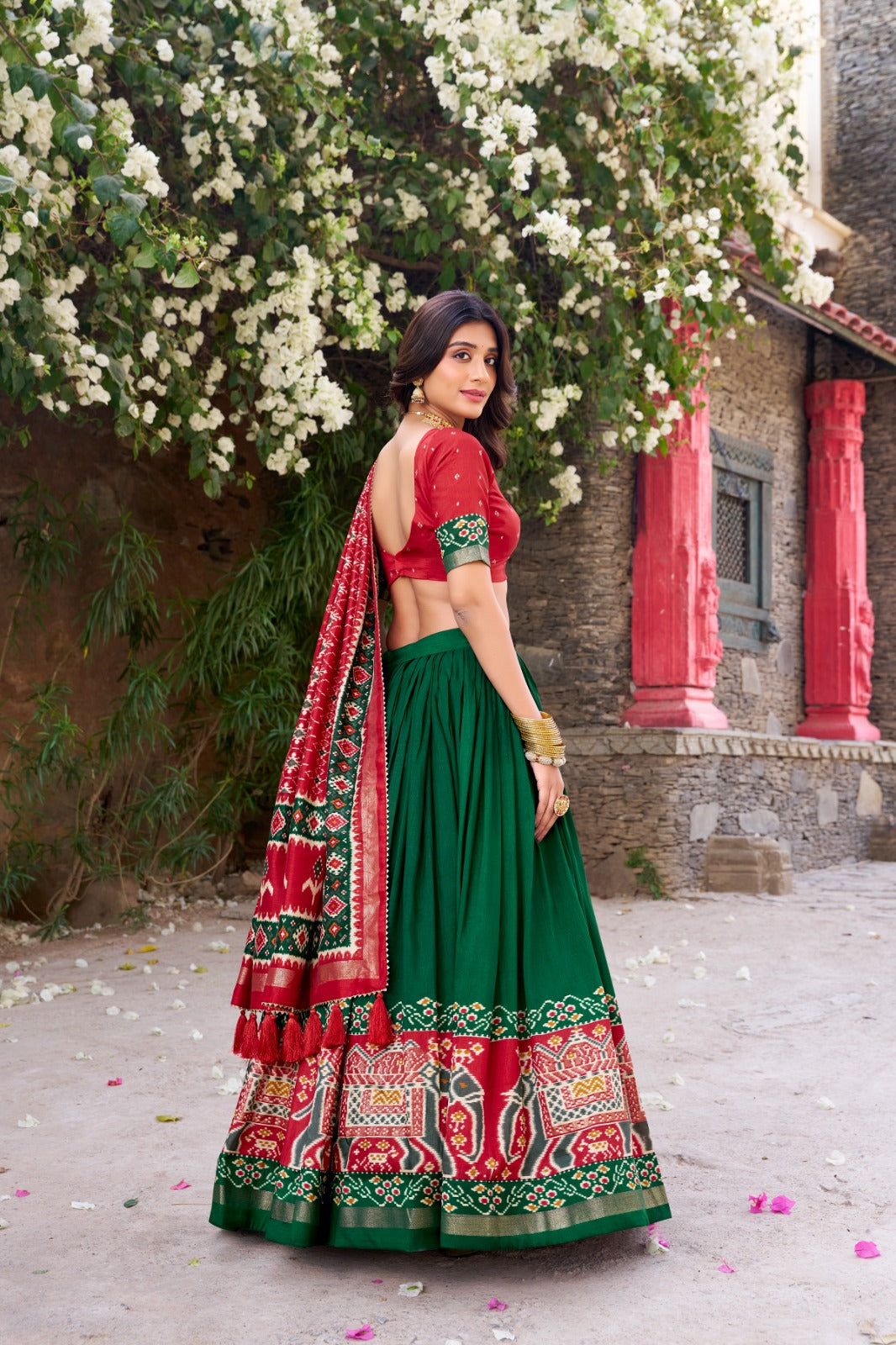 Green color tussar silk lehenga choli with dupatta online