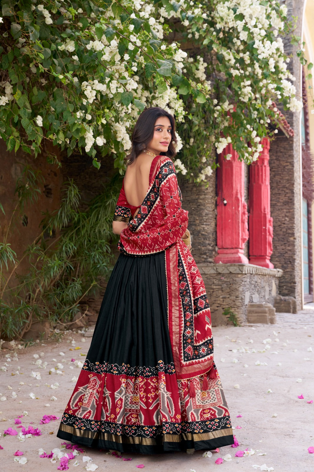 Black color tussar silk lehenga choli with dupatta images