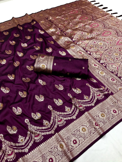 Wine color banarasi silk saree for women