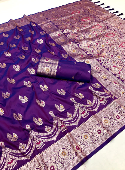 Purple color banarasi silk saree with blouse images