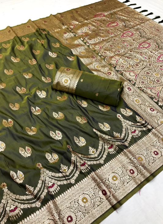 Mehendi color banarasi silk saree with blouse price