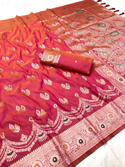 Pink color banarasi silk saree with blouse for wedding