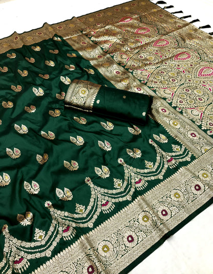 Dark green color banarasi silk saree with blouse 
