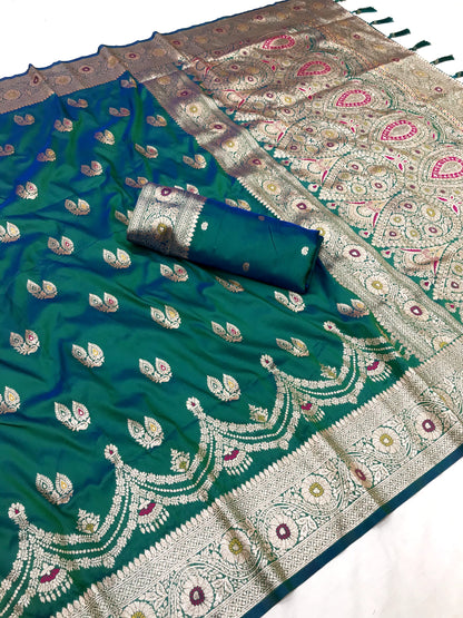 Teal Green color banarasi silk saree with blouse design