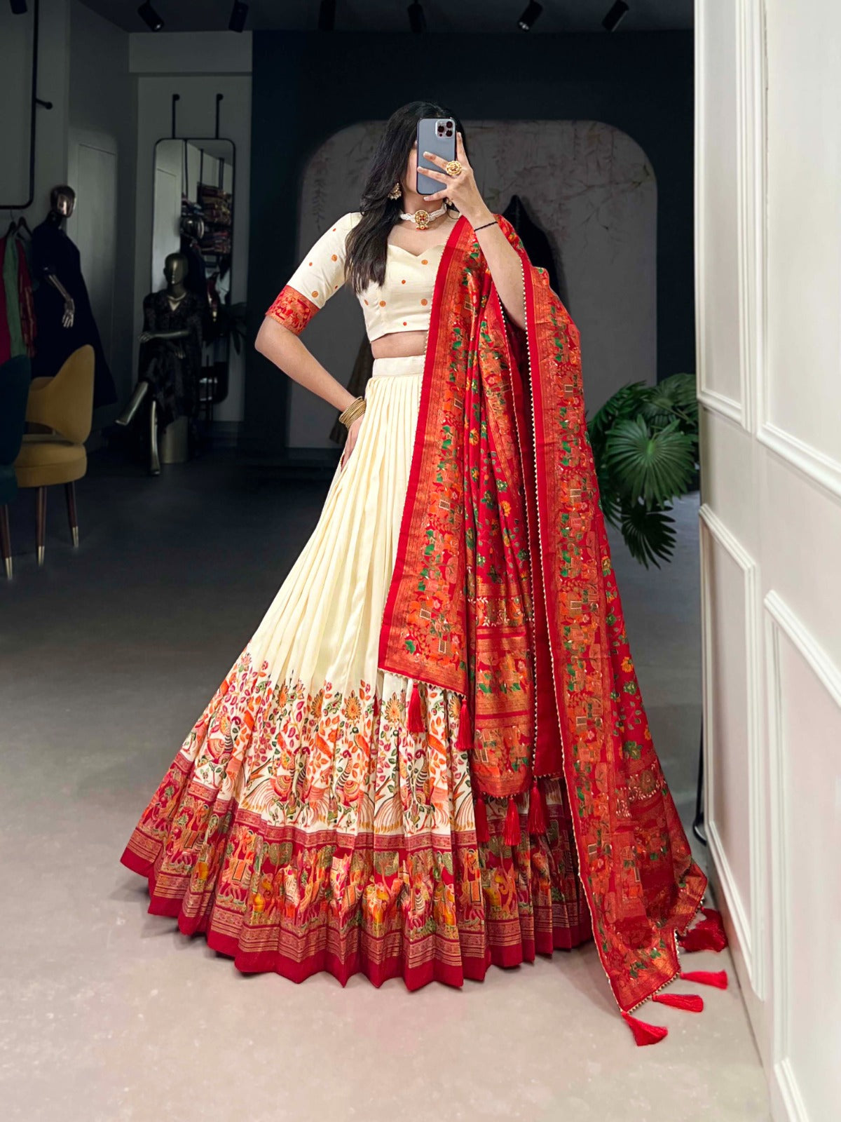 Off white color tussar silk lehenga choli