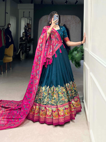 Peacock blue color tussar silk lehenga choli for women