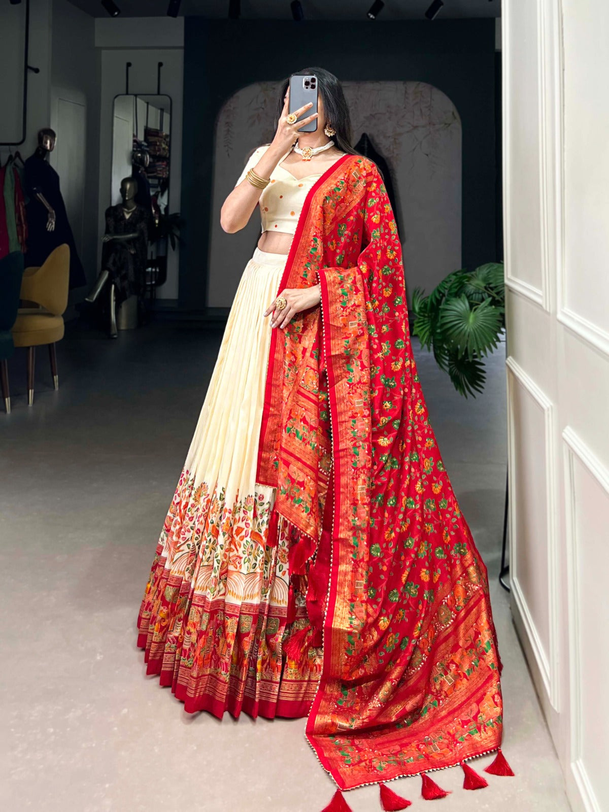 Off white color tussar silk lehenga choli with dupatta price