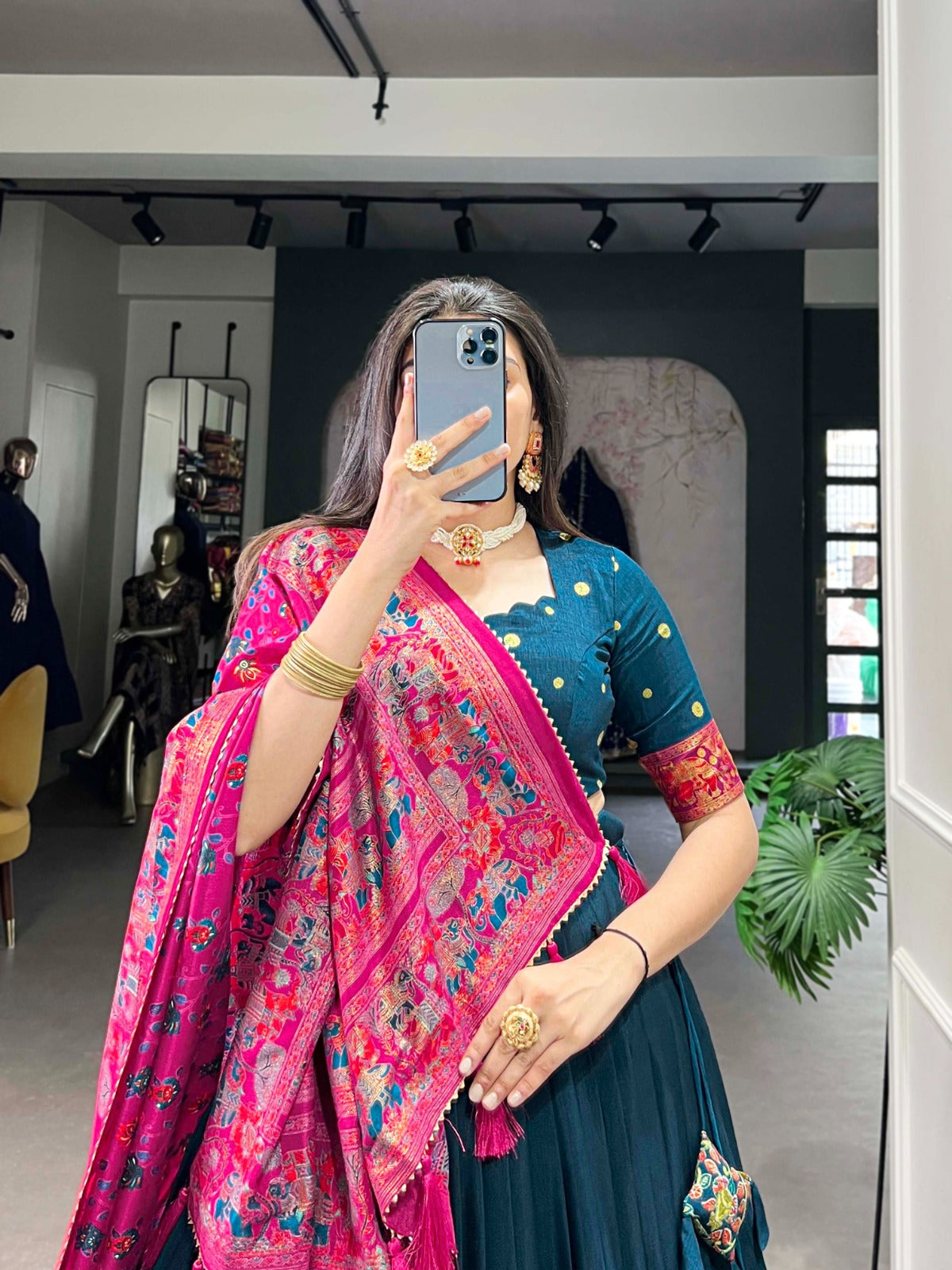 Peacock blue tussar silk lehenga choli for party