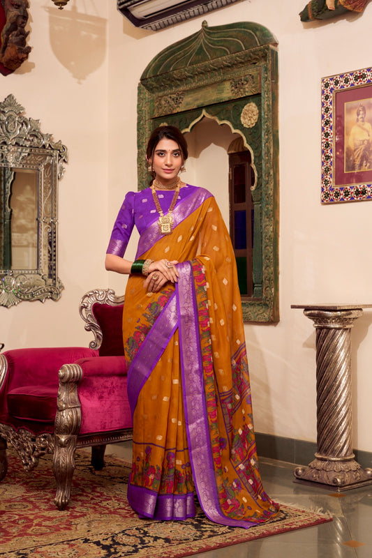 Mustard color poly cotton saree for women