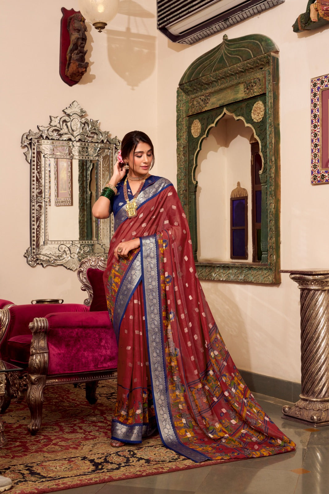 Maroon color poly cotton saree with blouse 
