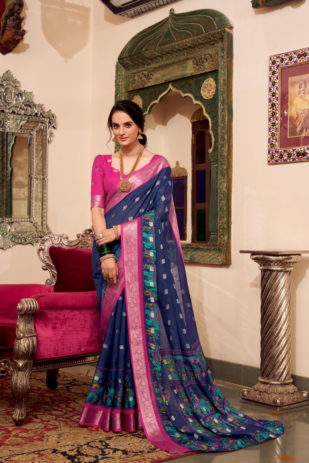 Navy blue color poly cotton saree with blouse online 