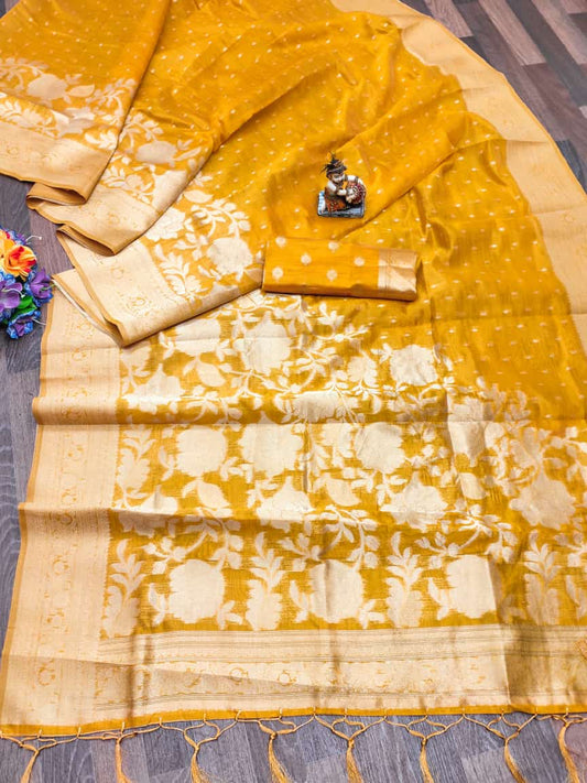 Yellow color viscose organza saree for women