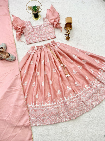 Peach chinon silk kids lehenga choli online shopping