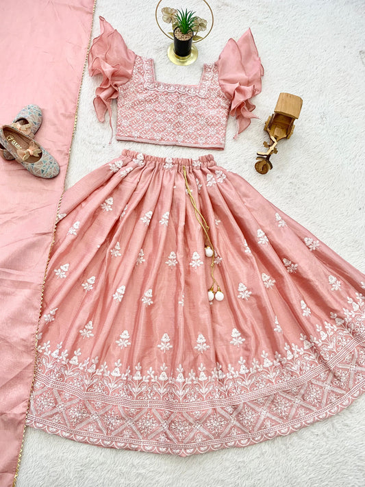 Peach color chinon silk lehenga choli for girls