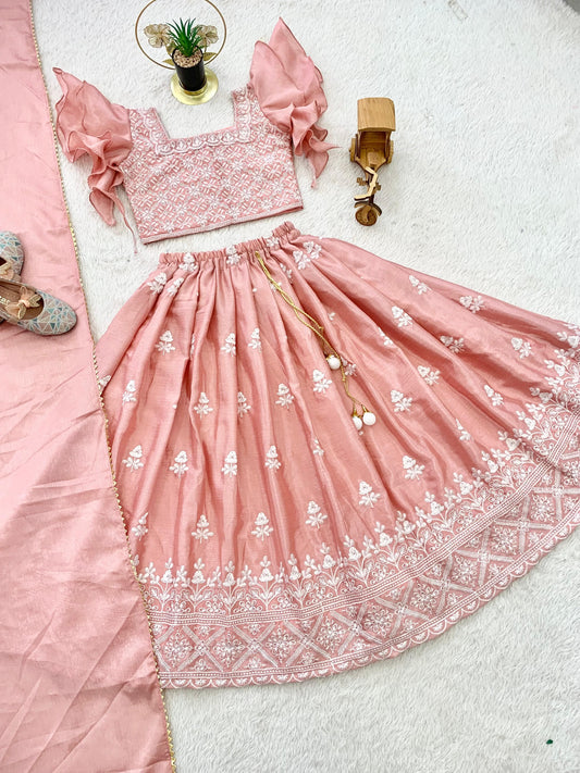 Peach color chinon silk kids lehenga choli online 
