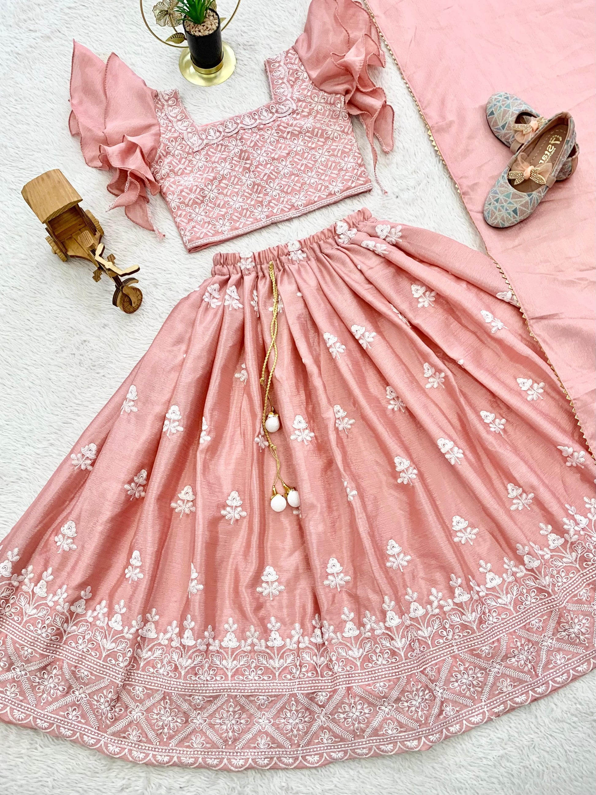 Peach chinon silk small girls lehenga choli price