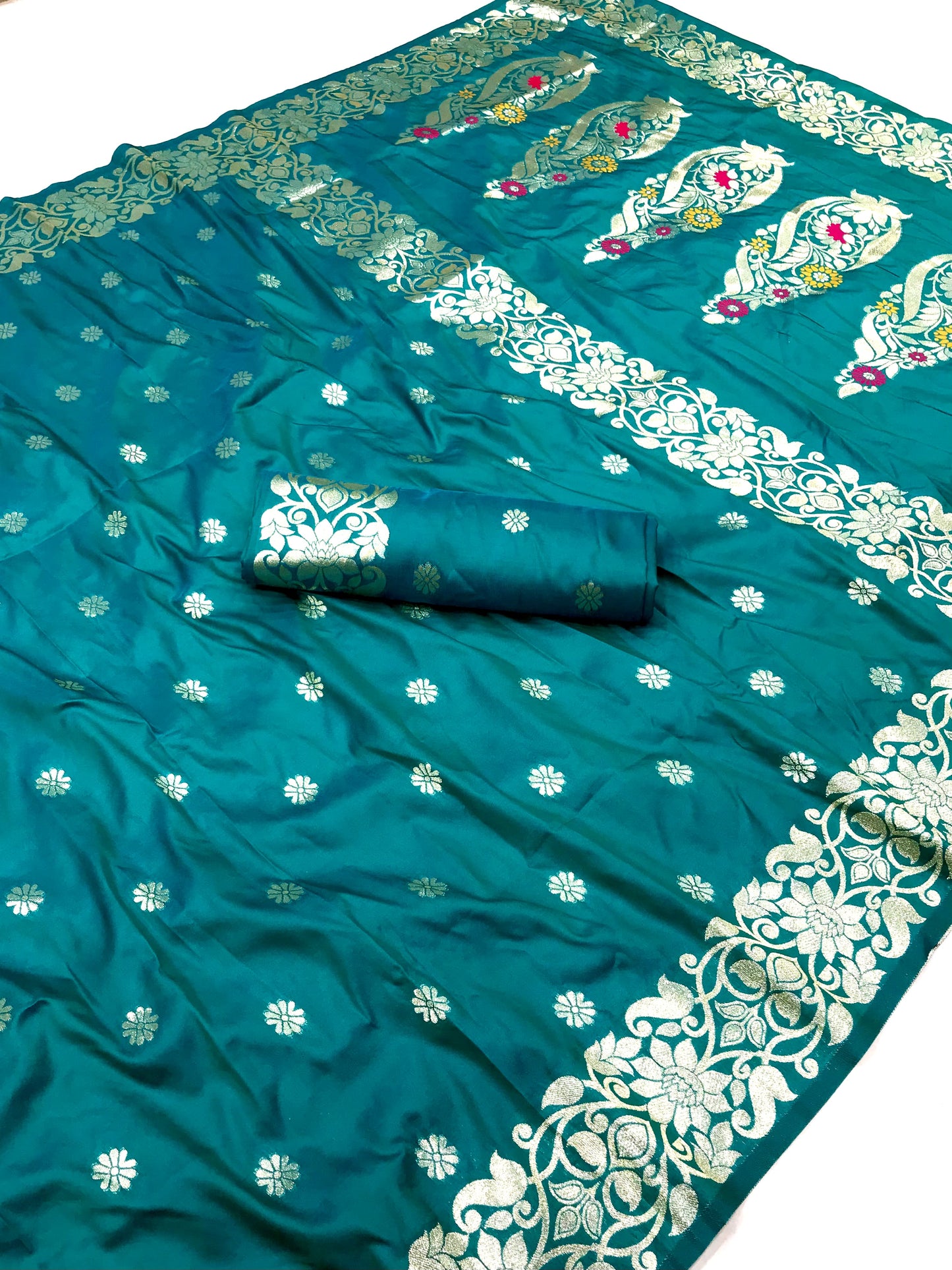 Firozi color banarasi silk saree with blouse price