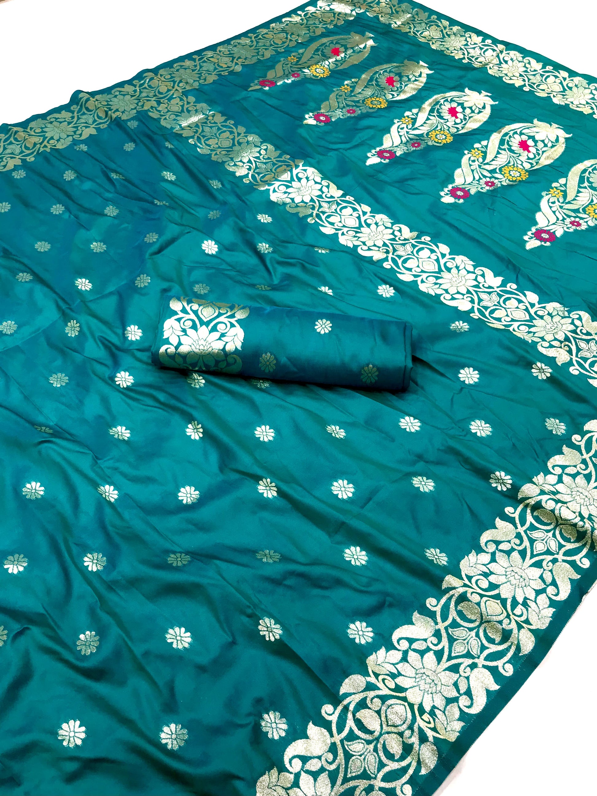 Firozi color banarasi silk saree with blouse price