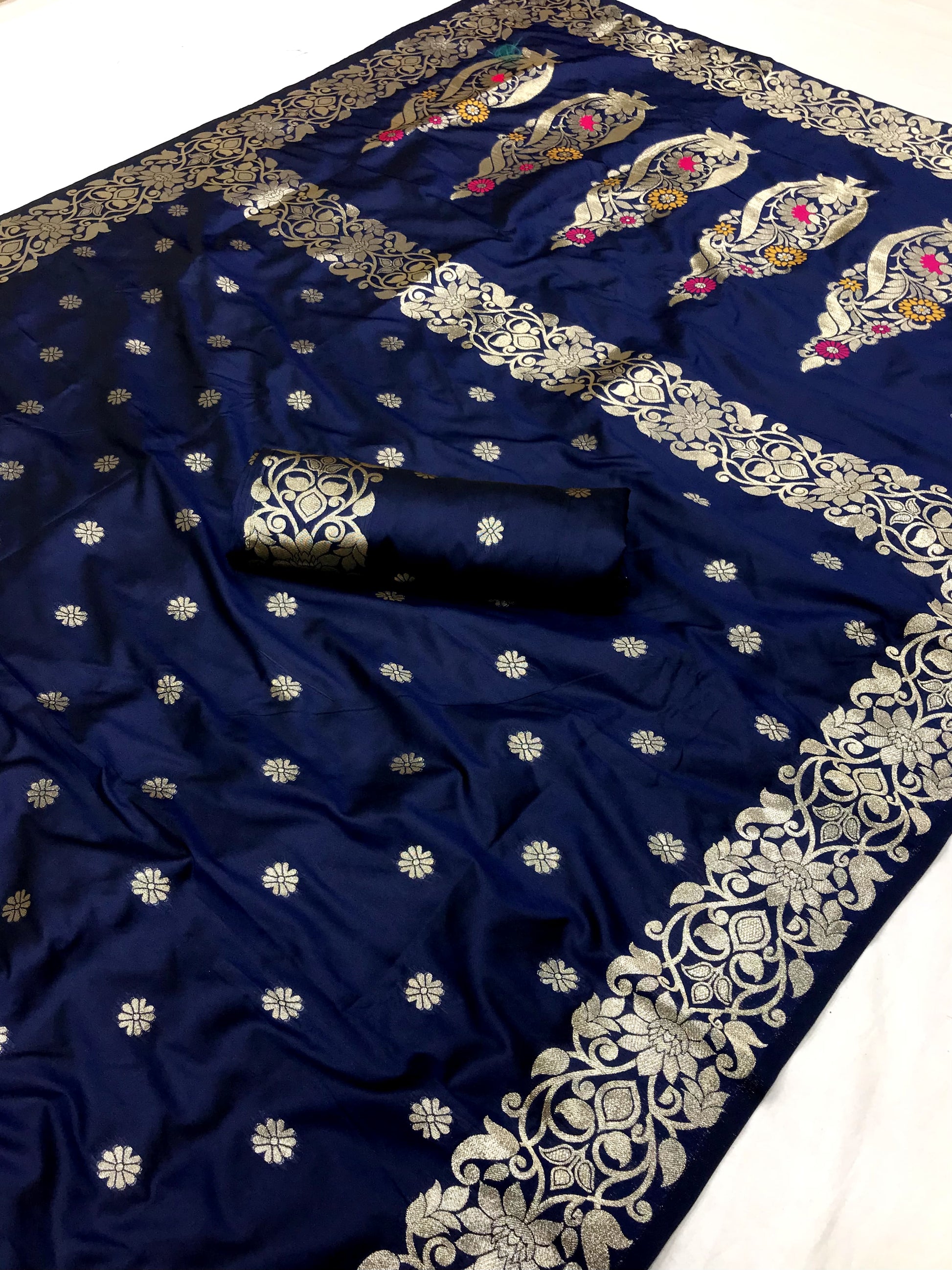 Navy color banarasi silk saree with blouse images