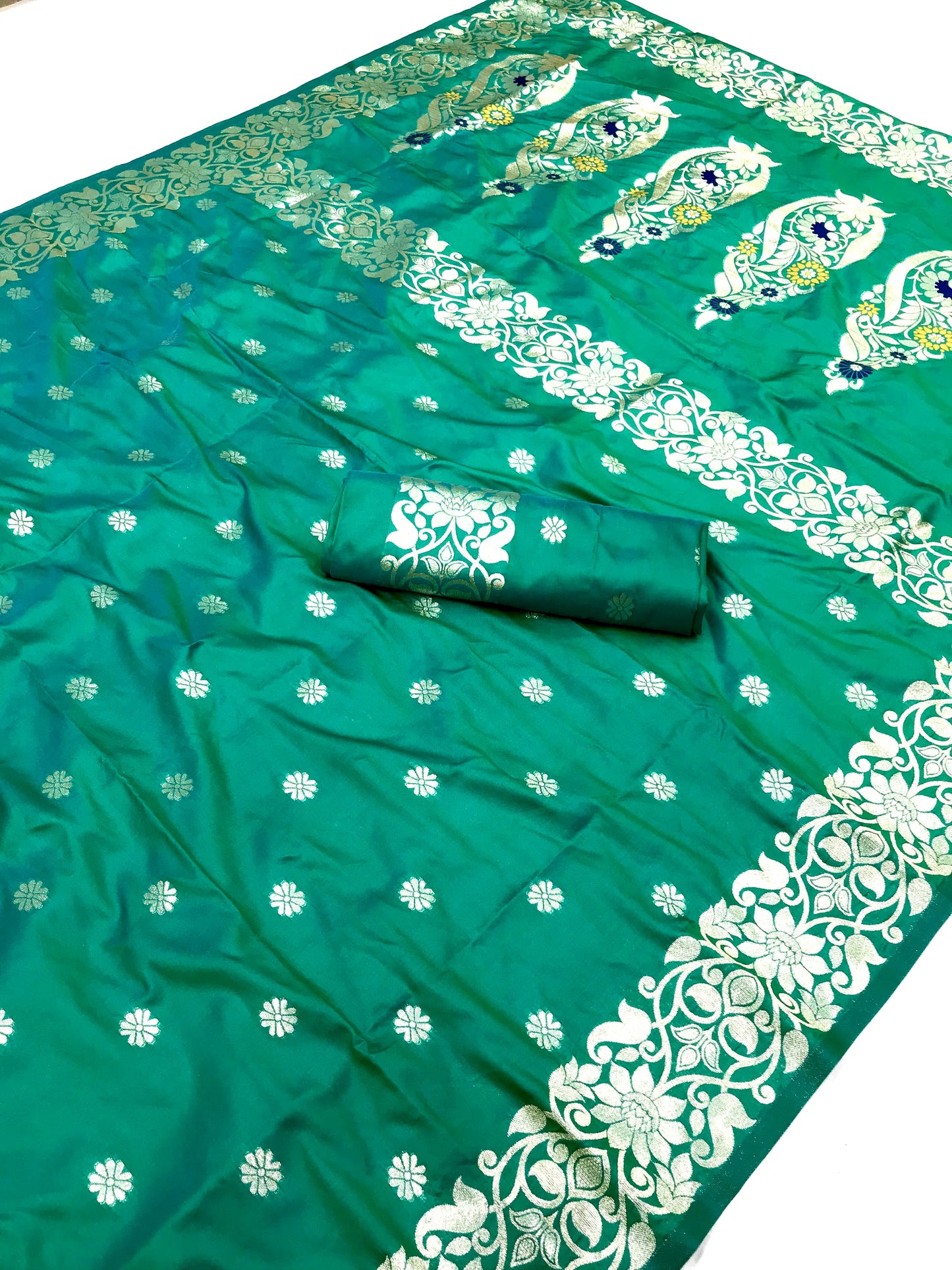 Rama color banarasi silk saree with blouse design
