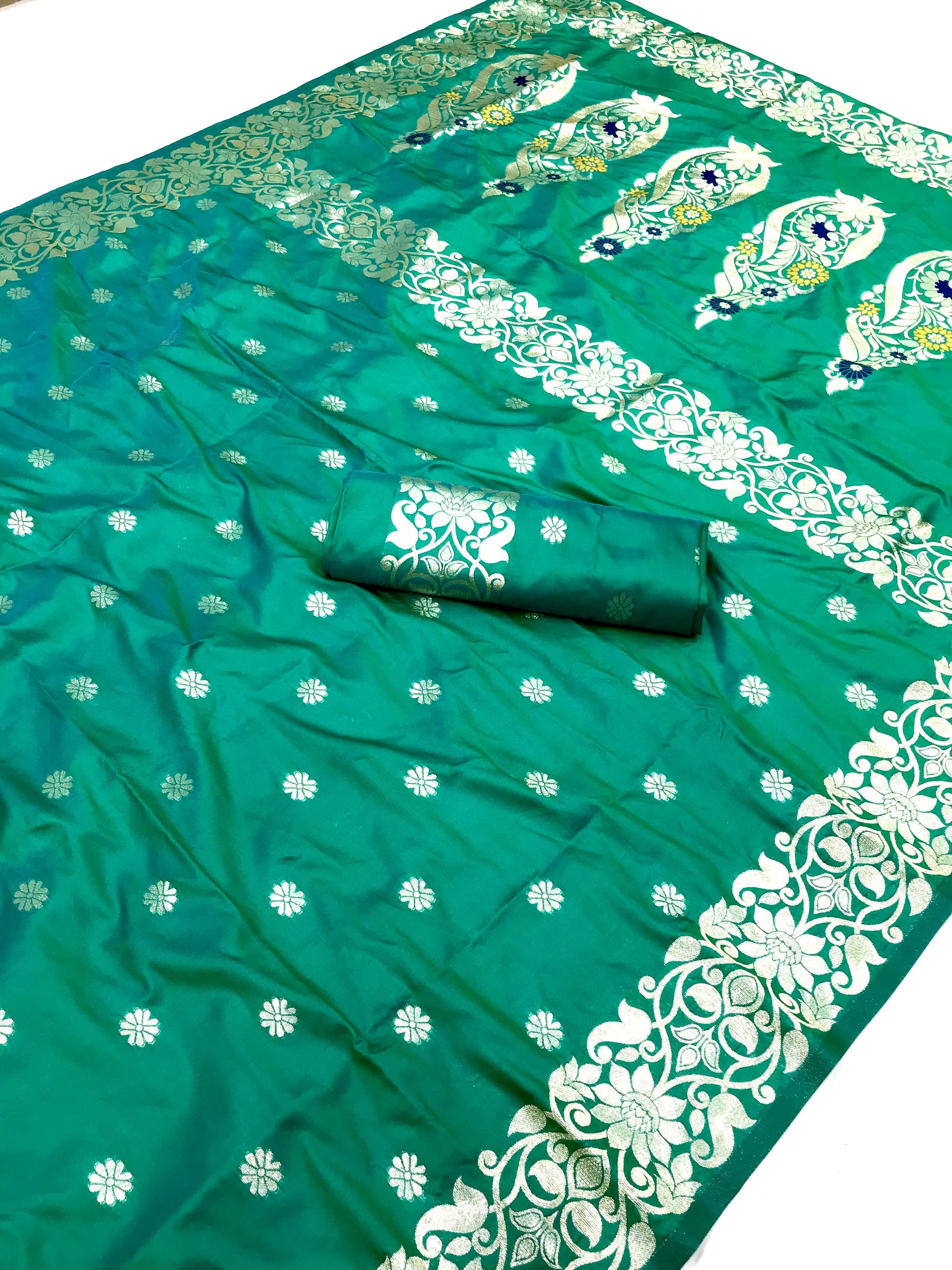 Rama color banarasi silk saree with blouse design