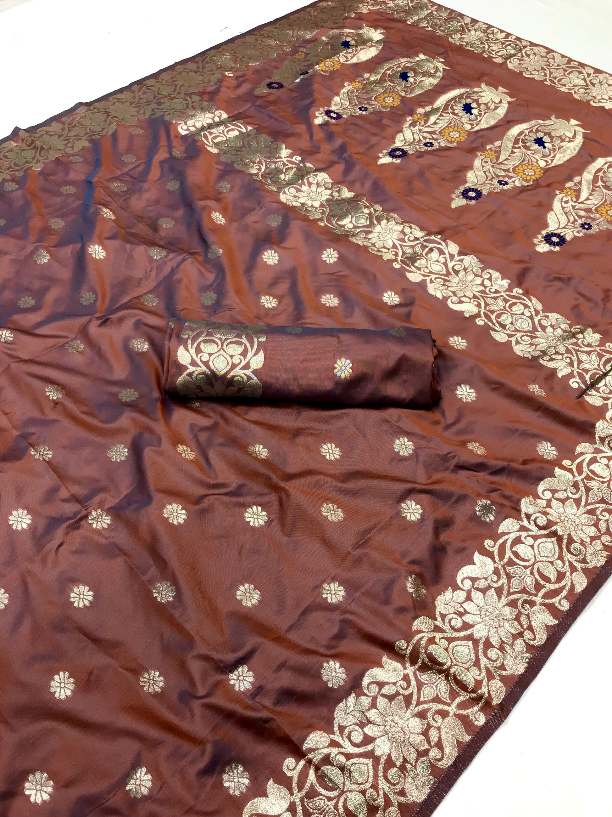 Brown color banarasi silk saree with blouse online