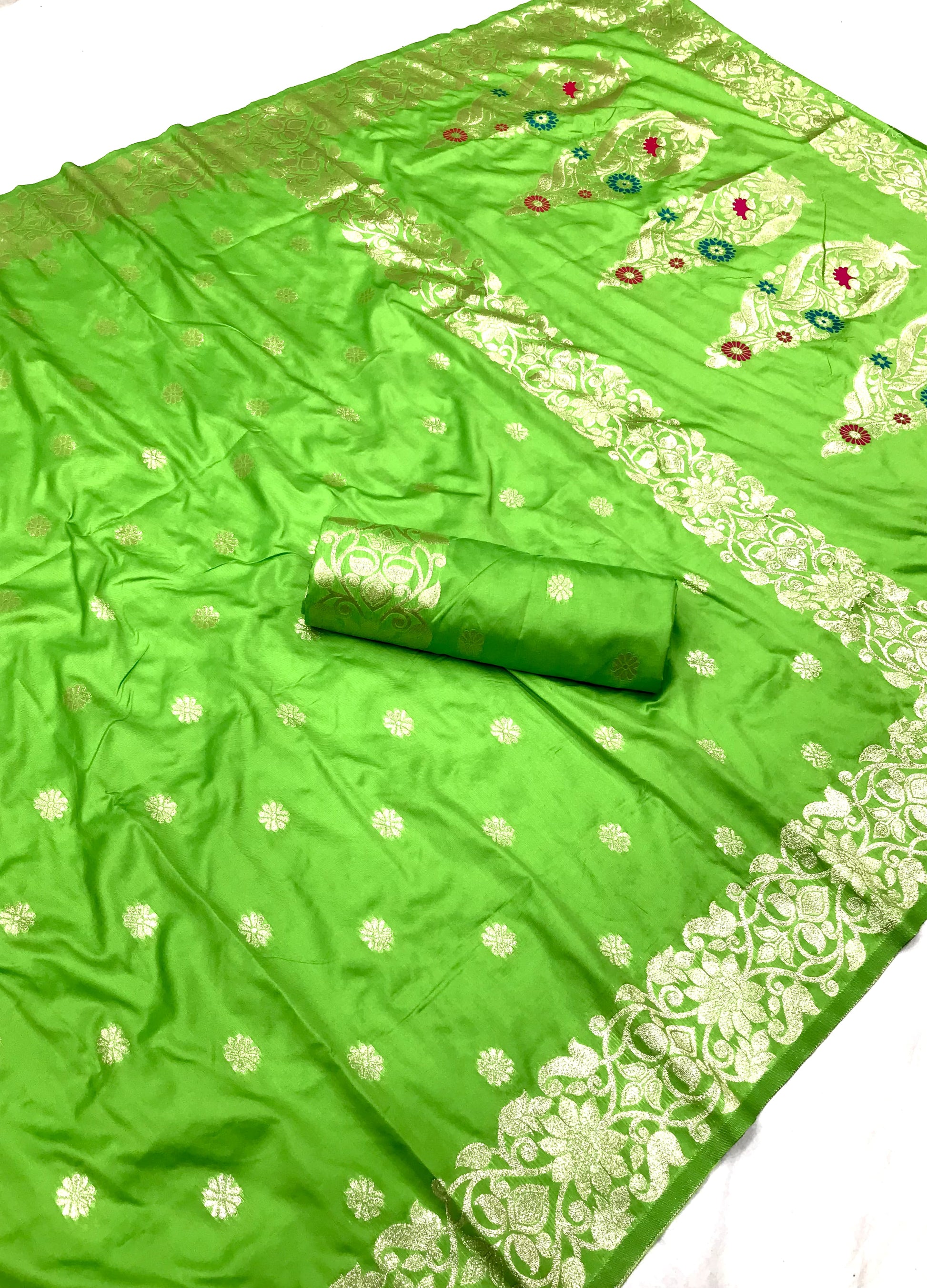 Parrot color banarasi silk saree with blouse online shopping