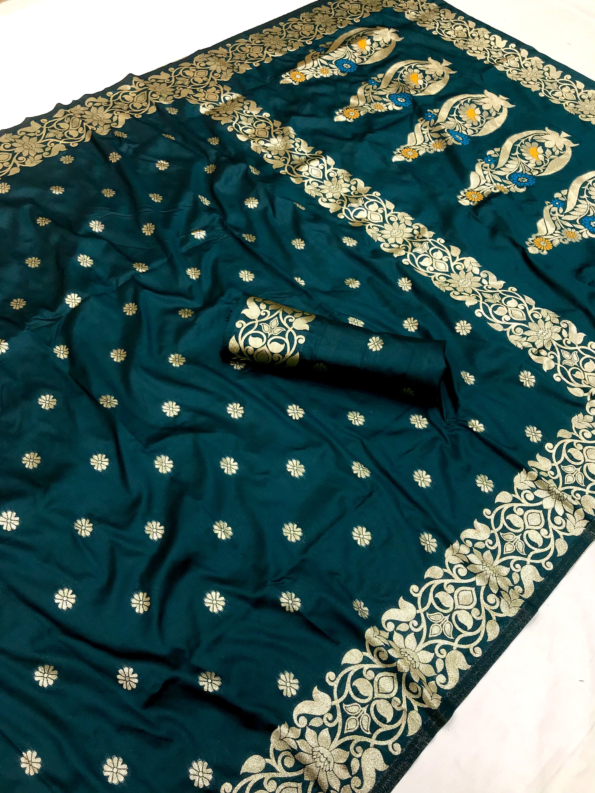 Teal color banarasi silk saree with price