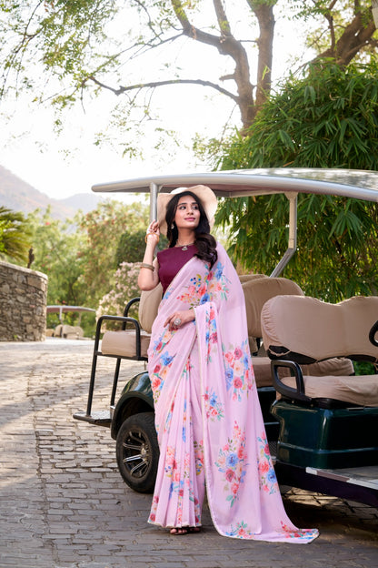 Pink color weightless marbal saree with blouse price