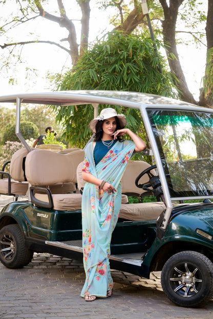 Sky color weightless marbal saree with blouse 
