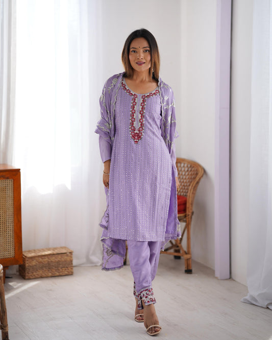Lavender color chinon silk salwar suit for women