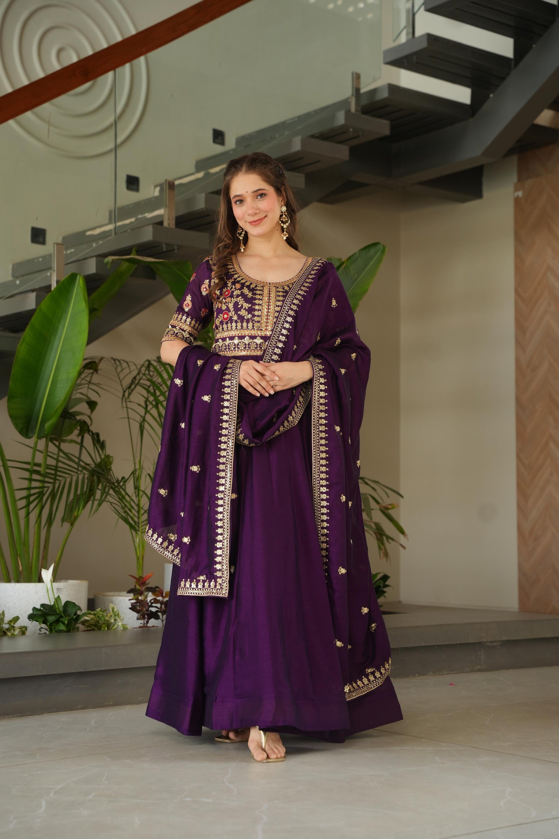 Purple color vichitra silk gown for party