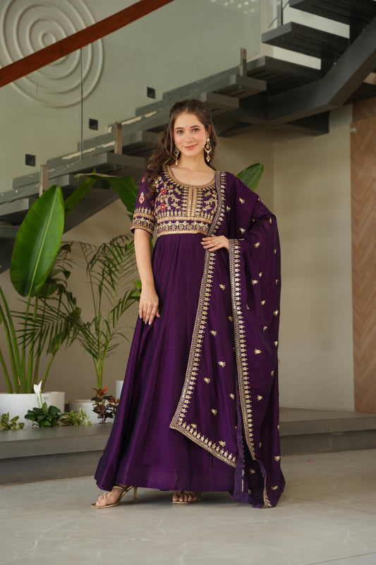 Purple color vichitra silk gown for women