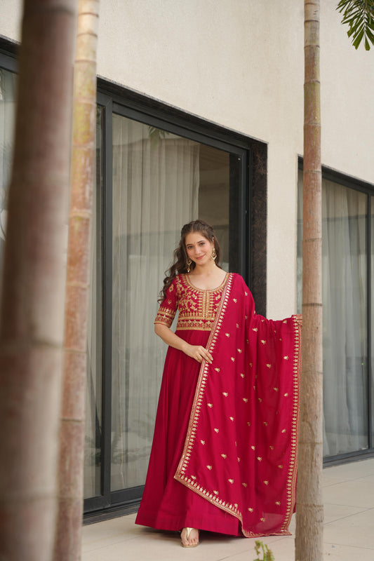 Pink color faux blooming gown for women
