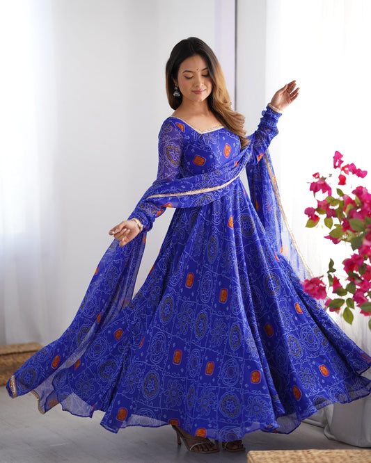 Blue color chiffon bandhej gown for wedding