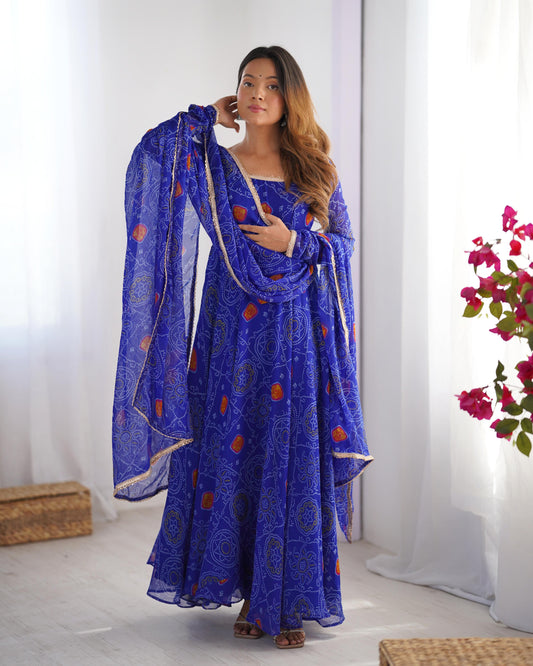 Blue color chiffon bandhej gown for women