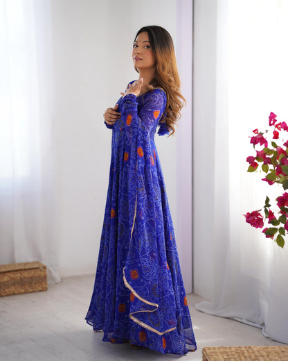 Blue chiffon bandhej gown with dupatta online