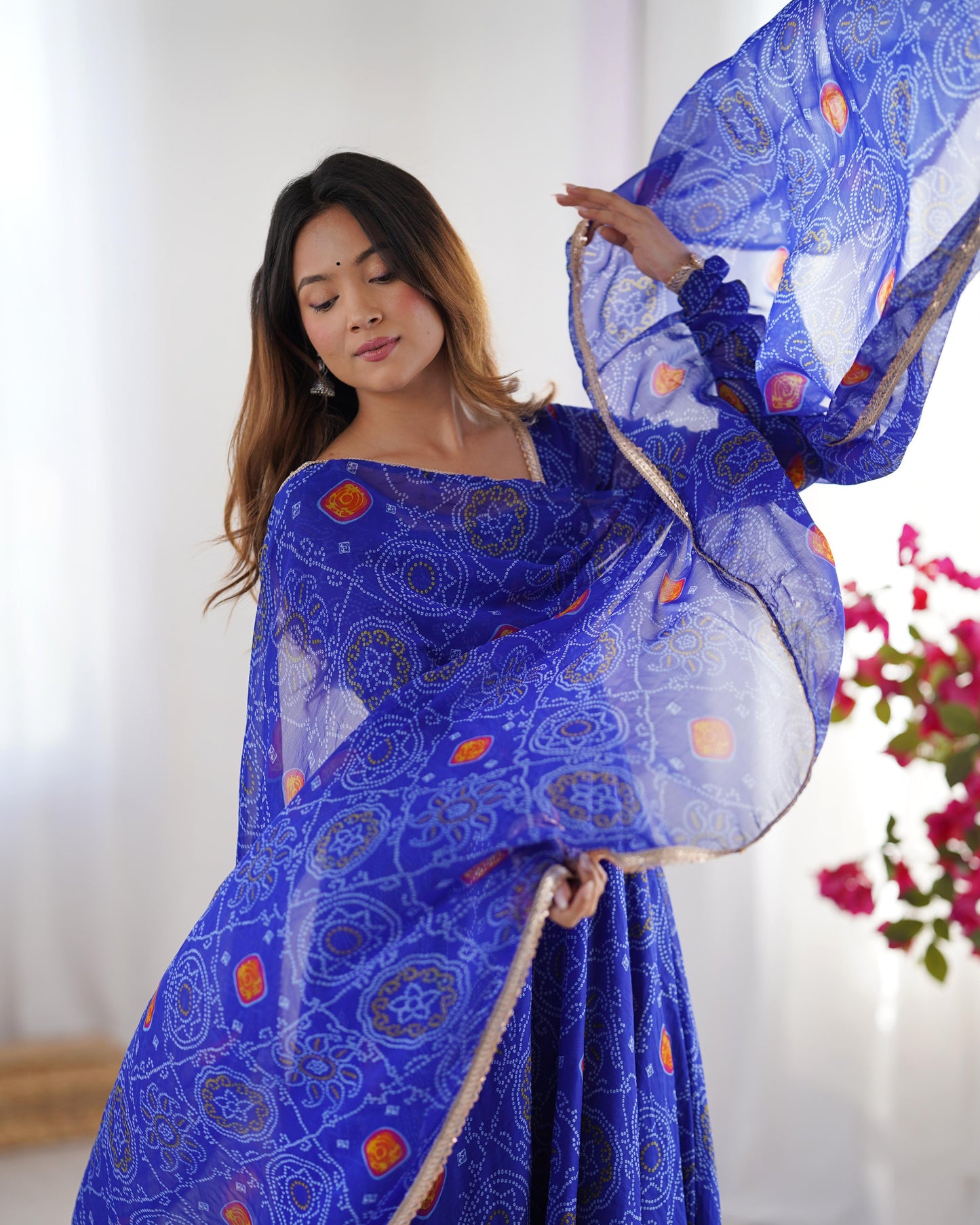 Blue chiffon bandhej gown with dupatta online shopping